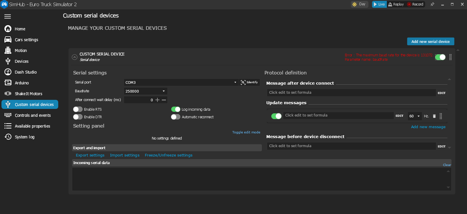 SimHub custom serial device showing max baud 131072