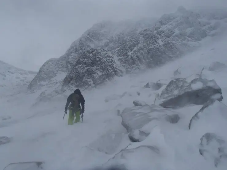 Myles Gray ice climbing on Ben Nevis in the snow