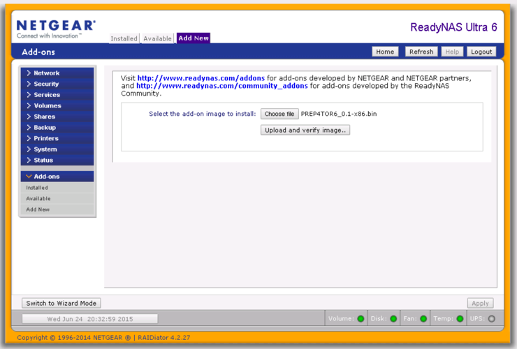 ReadyNAS Add-On Installation Screen