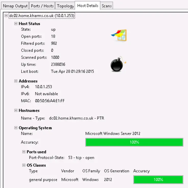 Zenmap report of a Windows host machine